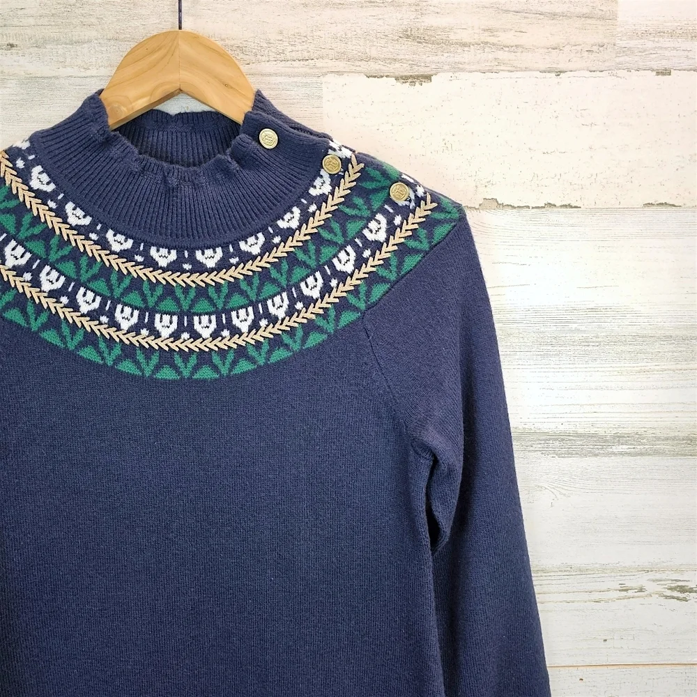 Talbots Petite Fair Isle Sweater Dress Navy Mock Neck Button Detail SP Holiday